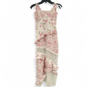 Floral Ruffle Maxi Dress in White and Pink w/ Lace Detail
